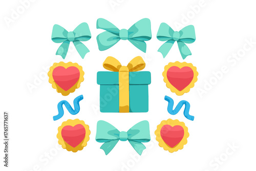 Colorful holiday and celebration elements arrangement featuring gift box, decorative bows, and hearts