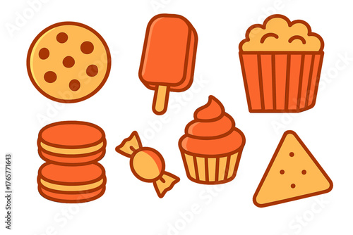 Set of sweet desserts and snacks including cookie, popsicle, macarons, and cupcakes