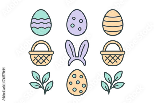 Pastel colored Easter holiday symbols featuring decorated eggs, woven baskets, bunny ears, and spring foliage