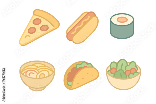 Stylized collection of six popular food items including pizza, hot dog, sushi, ramen, taco, and salad