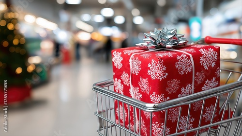 Festive red gift box with silver bow in shopping cart at holiday store