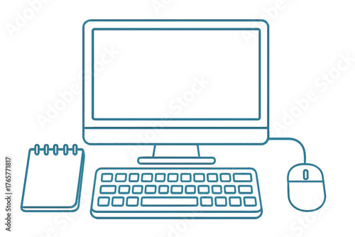 Minimalist personal computer workstation setup with monitor keyboard mouse and notebook