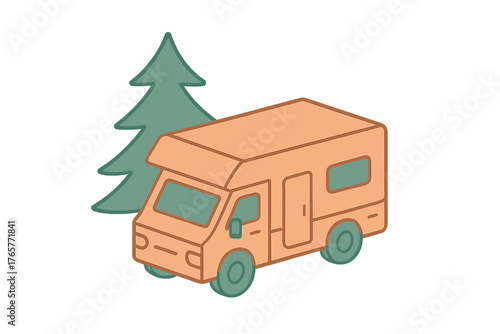 Isometric recreational vehicle and pine tree icon isolated on white background