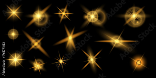A set of elements. Christmas glitter, shimmering bokeh effects, and glittery texture for your designs. Festive sparkling gold. Holiday illumination for cards, invitations, and banners.