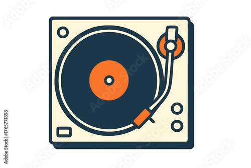 Vintage turntable with vinyl record playing music in a retro graphic style