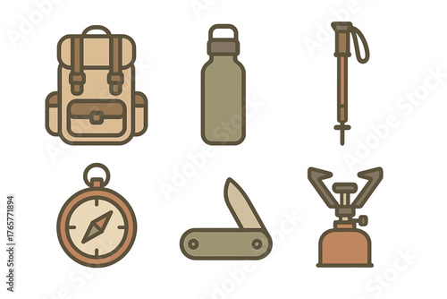 Outdoor adventure equipment including backpack water bottle compass and trekking pole