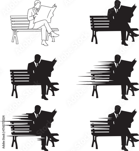 Man reading newspaper on bench, motion blur silhouette sequence, conceptual transformation, urban lifestyle, time passage, black and white vector illustration, editorial design
