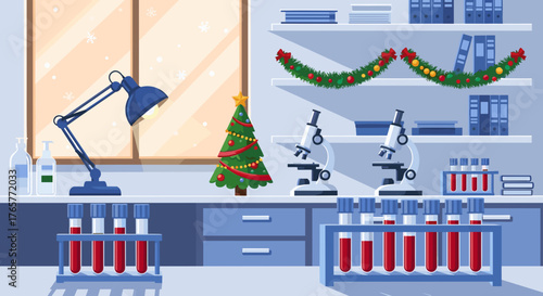 Christmas-themed illustration of a medical laboratory with blood samples for healthcare promotions and educational materials