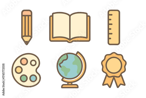 Set of six educational icons including pencil, book, ruler, globe, palette, and award ribbon symbols