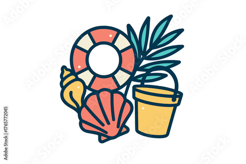 Vibrant arrangement of beach essentials with life ring seashells and sand bucket