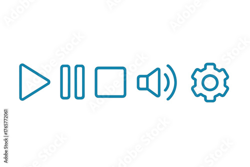 Media player controls including play pause stop volume and settings symbols
