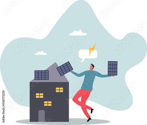 A man installs solar panels on the roof of a house.