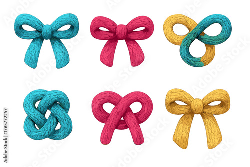 Vibrant decorative bows and complex rope knots with detailed knitted texture