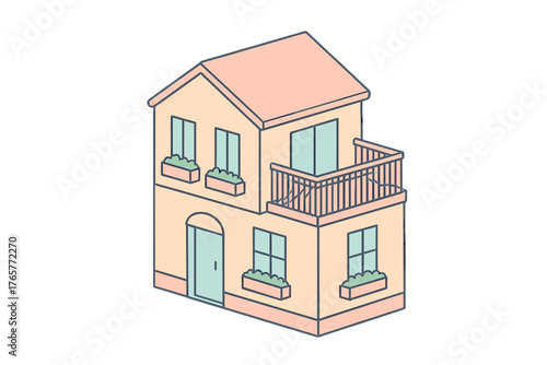 Photos Two-story residential house with balcony and flower boxes on white background