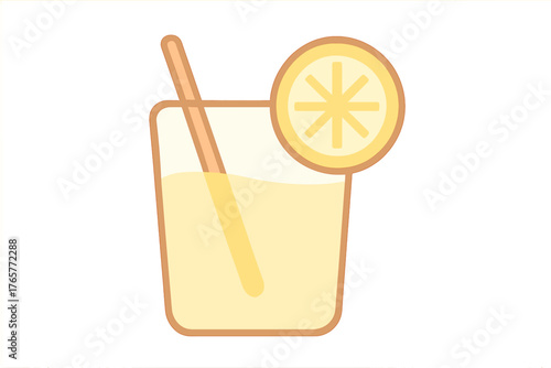 Refreshing glass of cold lemonade or citrus juice with a straw and a bright yellow lemon slice garnish on the rim