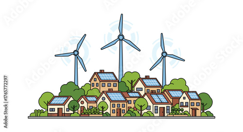 Eco-friendly neighborhood with wind turbines and solar panels, promoting sustainable living and green energy solutions