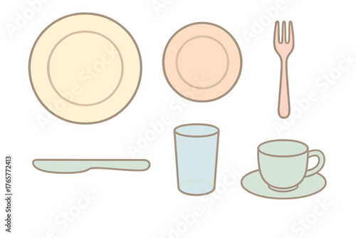 Collection of essential dining items including plates, cutlery, a drinking glass, and a teacup set