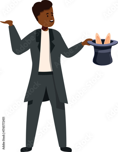 Illusionist performing a magic trick with a rabbit and top hat, creating a sense of wonder and entertainment