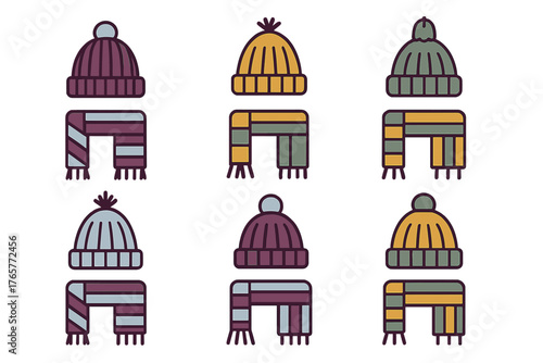 Colorful knitted winter hats and matching striped scarves collection for cold weather
