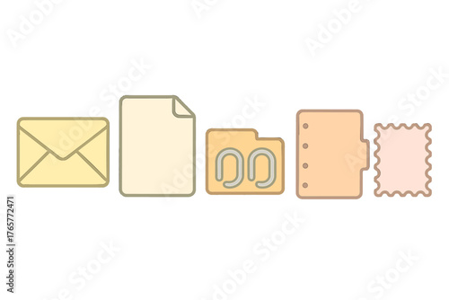 Essential business symbols featuring mail envelope, document file, folder, and stamp