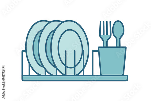 Household kitchen equipment showing a dish drying rack filled with clean plates and silverware