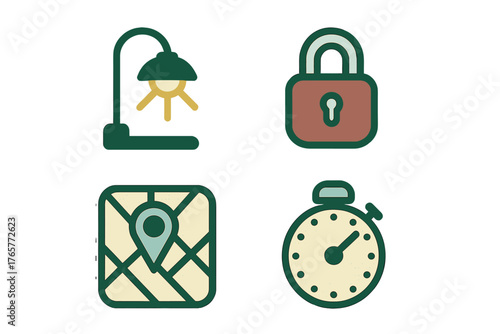 Street light, security padlock, navigation map, and timing stopwatch symbols