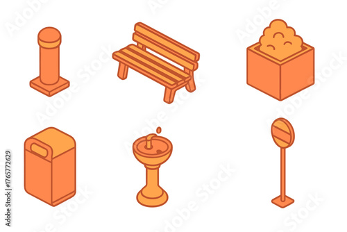 Isometric public park and street furniture elements rendered in an orange color palette
