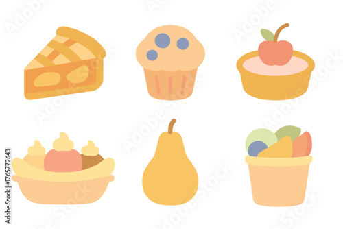Sweet desserts and fresh fruits collection featuring pie, muffin, banana split, pear, and fruit salad
