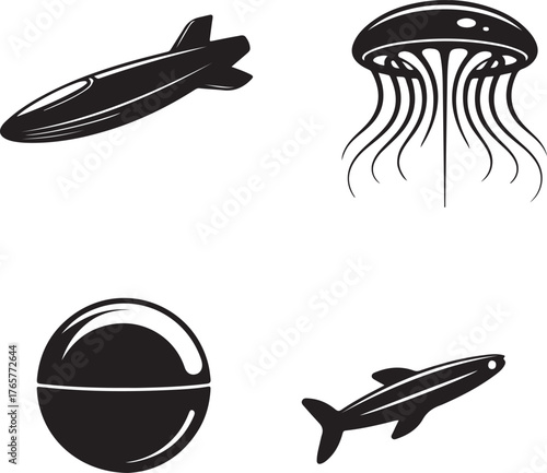 Four black minimalist icons of a blimp jellyfish pill and fish zeppelin airship