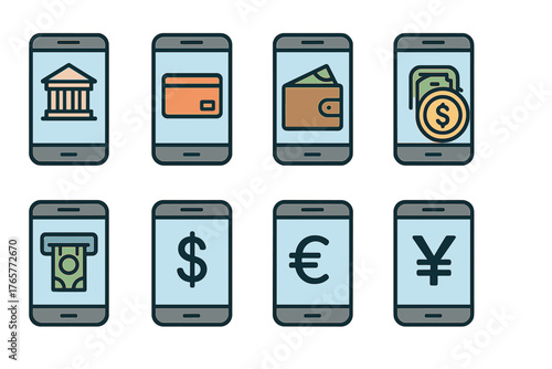 Set of Financial and Banking Icons on Smartphone Screens