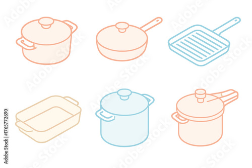 Isometric kitchen cookware set featuring stockpot, frying pan, grill pan, and baking dish