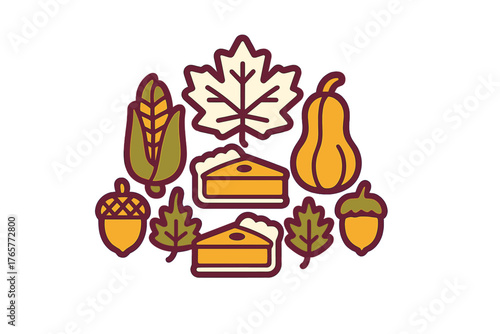 Autumn harvest food and foliage set featuring pumpkin pie corn squash and maple leaves