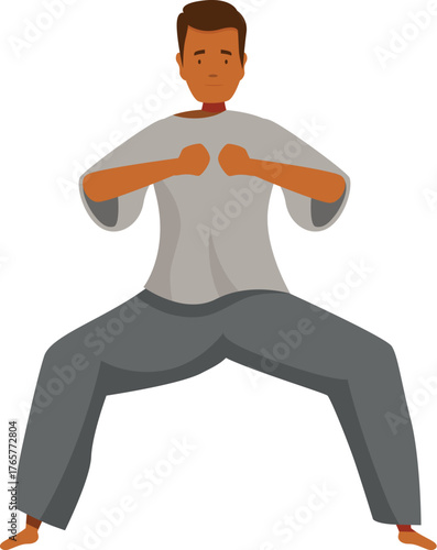 Young man practicing kung fu, maintaining a wide stance with his fists forward, embodying strength and discipline