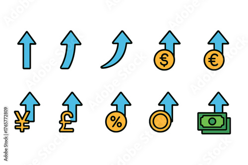 Set of Ten Upward Arrow Icons for Growth and Increase