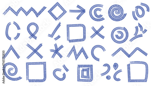Hand drawn blue doodles and symbols isolated on white background for creative use