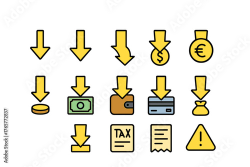Grid of Yellow Downward Arrow Icons for Cost Reduction Concept
