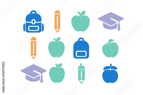 Education and school supplies icons featuring backpacks, pencils, apples, and graduation caps