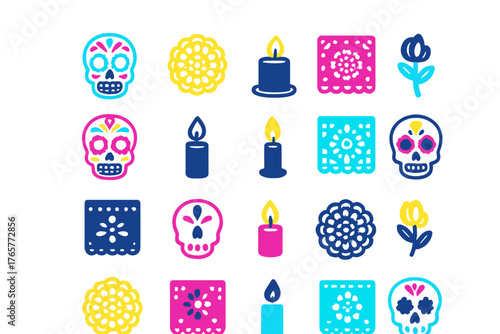 Colorful traditional Mexican Day of the Dead motif with sugar skulls and lit candles