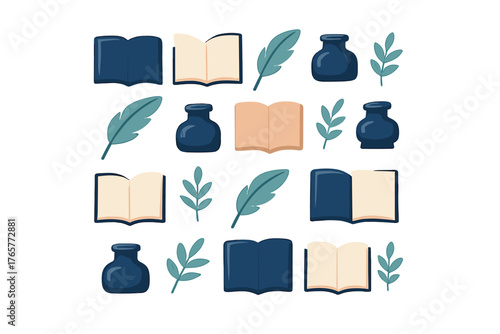 Vintage seamless pattern featuring writing tools, literature elements, open books, ink pots, and quills