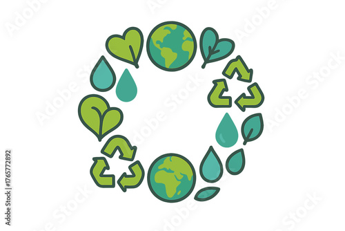 Circular arrangement of ecology and recycling symbols with leaves water drops and Earth