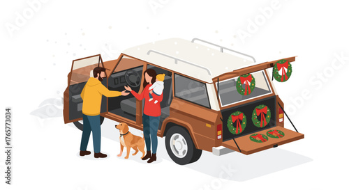 Family loading festive Christmas wreaths into a vintage car, ready for holiday celebrations and winter travel