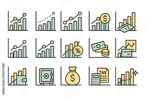 Set of Financial and Business Icons in Pastel Colors