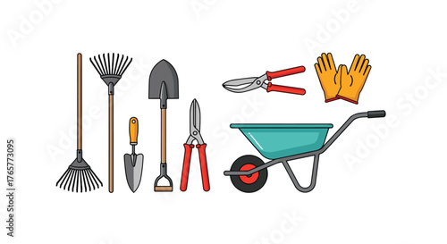 Gardening tools set ready for spring planting, landscaping, and outdoor projects with rake, shovel, shears, and wheelbarrow