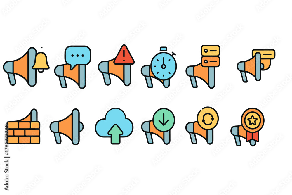 Fototapeta premium Set of Colorful Megaphone Icons with Various Symbols