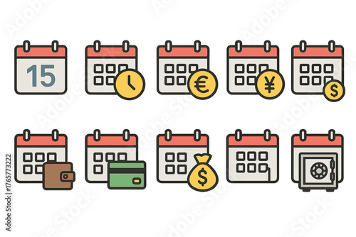 Set of Cartoon Calendar Icons with Financial Symbols