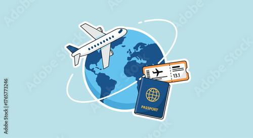 Dream vacation concept with airplane flying around the globe, passport, and boarding pass for travel adventures