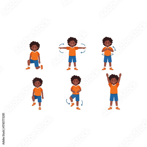 Cheerful boy demonstrating multiple physical exercises, illustrating various fitness movements for active children.