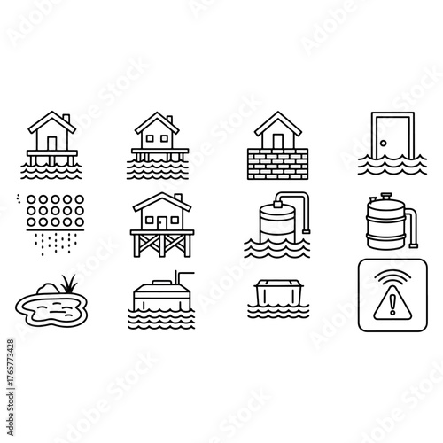 Flood protection, water level, house on stilts, submerged building, water tank, warning icons