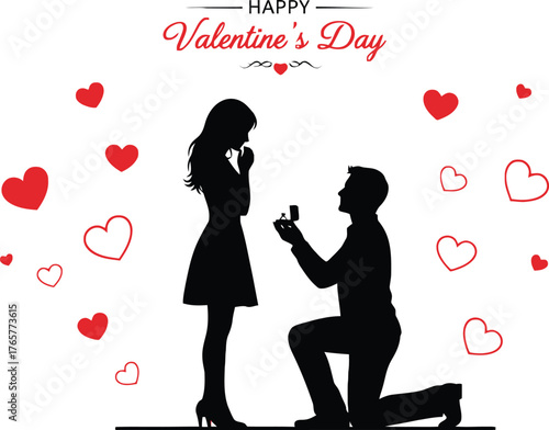 Couple silhouette on valentines day proposal with hearts isolated on white background.