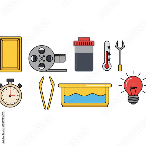 Photography darkroom processing tools and equipment, film developing essentials, vintage photo lab items